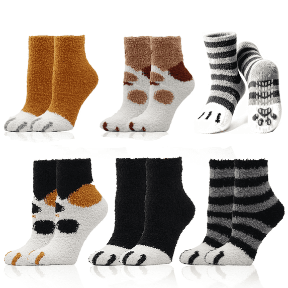 TRANSLINK 6 Packs Womens Cat Fuzzy Socks Non Slip Warm Cozy Soft Winter Slipper Socks Gift Size 5-9