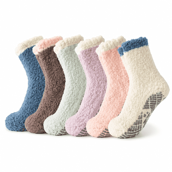 TRANSLINK 6 Packs Womens Fuzzy Socks Non Slip Warm Cozy Winter Slipper Socks Gift Size 5-9