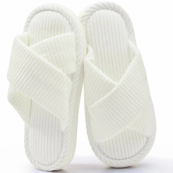 TRANSLINK Women Open Toe Fuzzy Slippers Cross Band Memory Foam Indoor Outdoor House Shoes