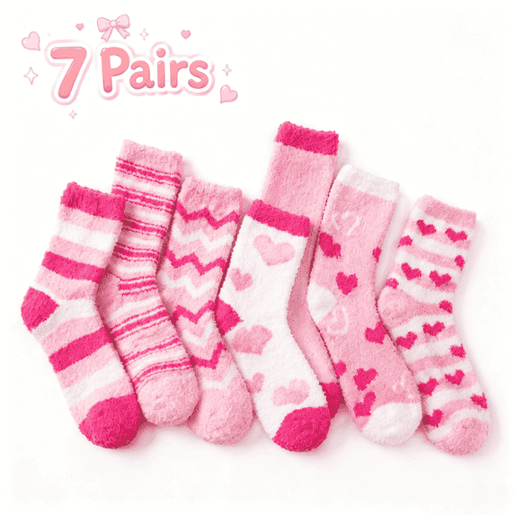 TRANSLINK 7 Packs Womens Pink Fuzzy Socks Warm Cozy Soft Winter Slipper Socks Gift Size 5-9