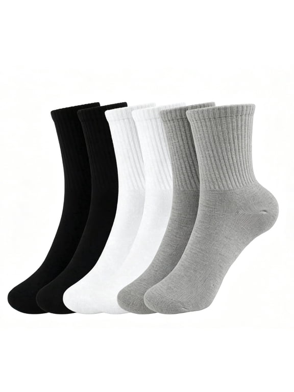 Women Men's 6 Pack Crew Socks, Fathers Day gift, 2 Black 2 White 2 Gray, 75% Cotton Cushioned Athletic Socks, Moisture Wicking Work Socks