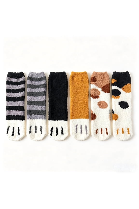 6 Packs Womens Cat Fuzzy Socks Non Slip Warm Cozy Soft Winter Slipper Socks Gift Size 5-9