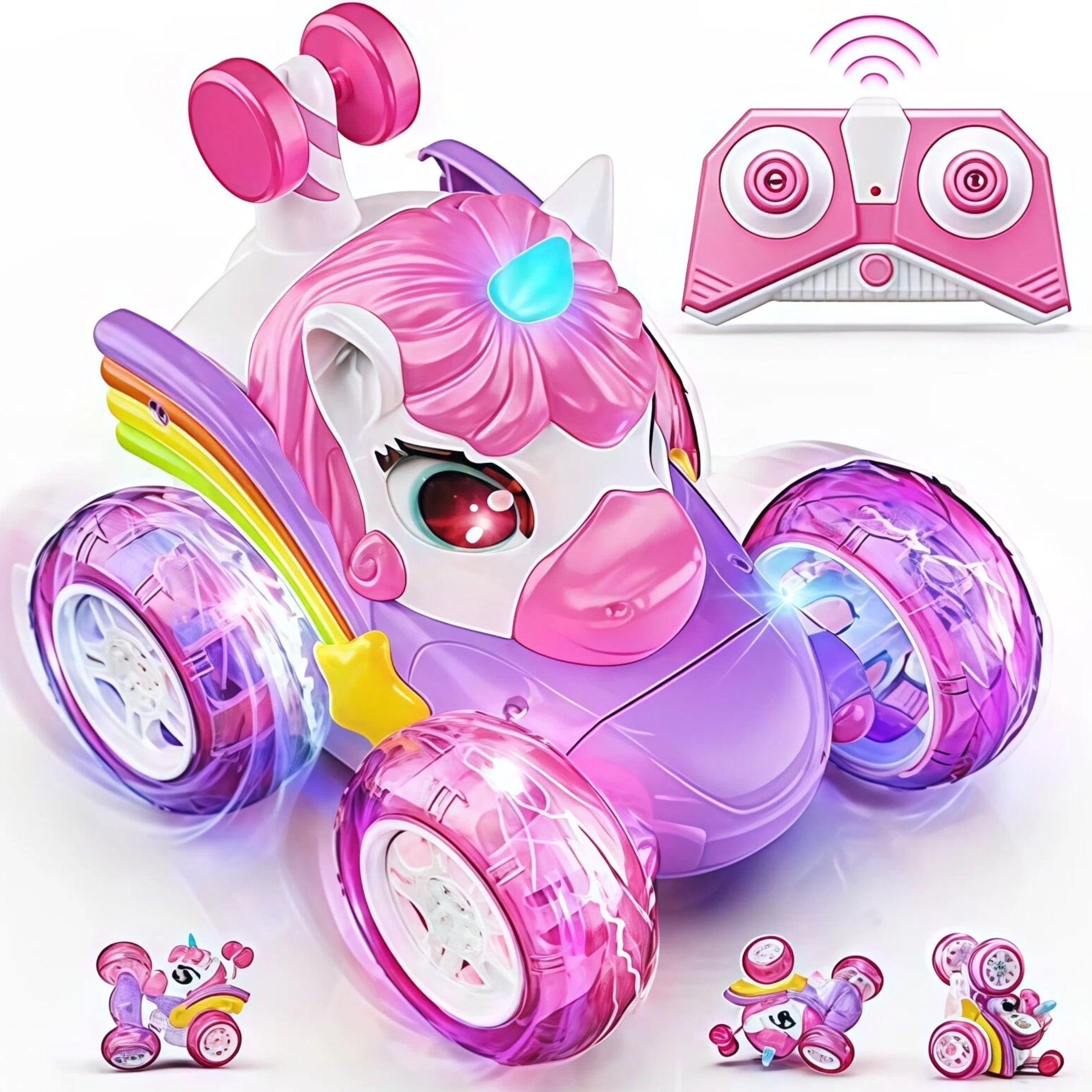 Unicorn Remote Control Car for Girls Rechargeable 360Stunt RC Cars 4WD Remote Cars with LED Lights Xmas Birthday Gift for Kids Girl Age 3 4-6 6-8