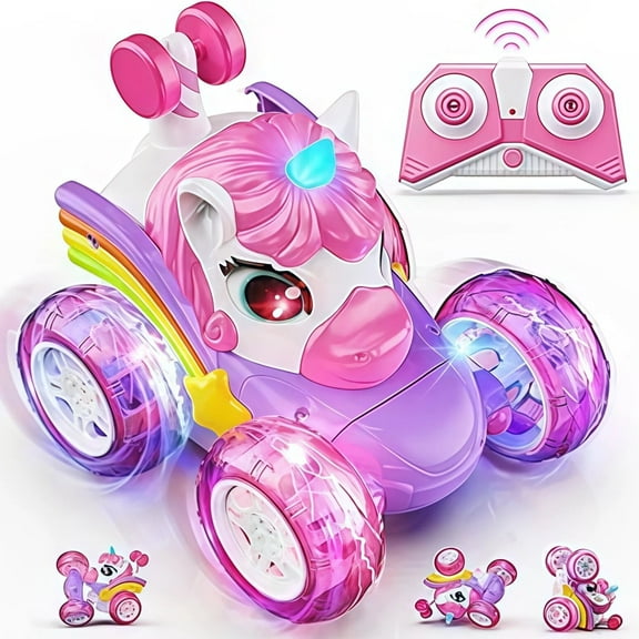 Unicorn Remote Control Car for Girls Rechargeable 360°Stunt RC Cars 4WD Remote Cars with LED Lights Xmas Birthday Gift for Kids Girl Age 3 4-6 6-8