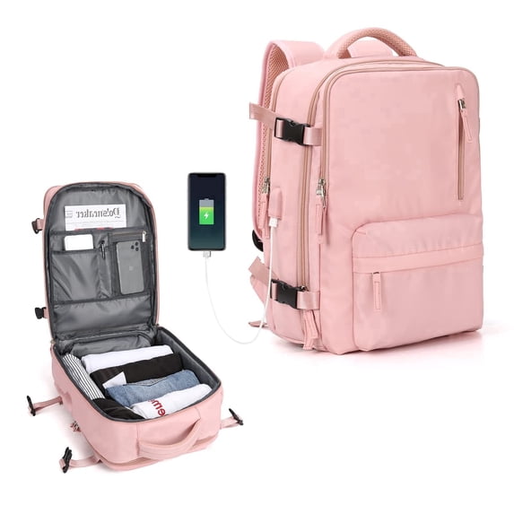 TRANSLINK Backpack with USB Charging Port, Water Resistant Work Business Laptop Backpack, Airline Approved Carry On Bag for Women, Pink