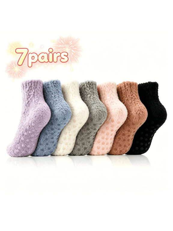 7 Packs Womens Ankle Fuzzy Crew Socks Non Slip Warm Cozy Winter Slipper Socks Gift Size 5-9