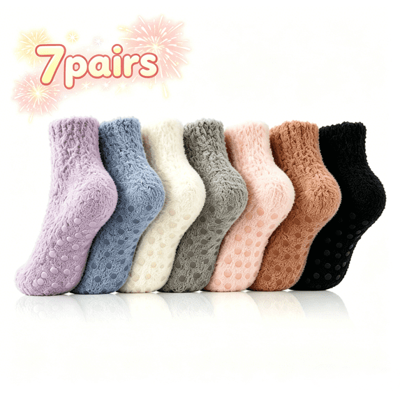 TRANSLINK 7 Packs Womens Ankle Fuzzy Crew Socks Non Slip Warm Cozy Winter Slipper Socks Gift Size 5-9