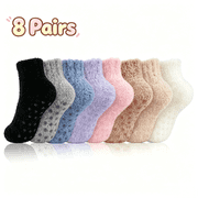 TRANSLINK 8 Packs Womens Ankle Fuzzy Crew Socks Non Slip Warm Cozy Winter Slipper Socks Gift Size 5-9