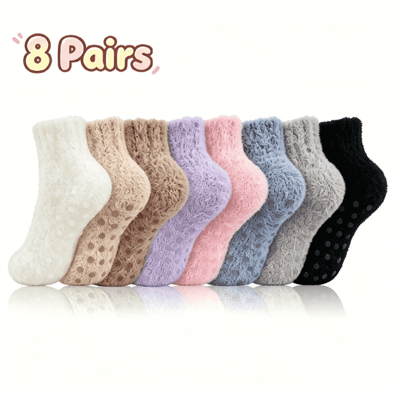 TRANSLINK 8 Packs Womens Ankle Fuzzy Crew Socks Non Slip Warm Cozy Winter Slipper Socks Gift Size 5-9