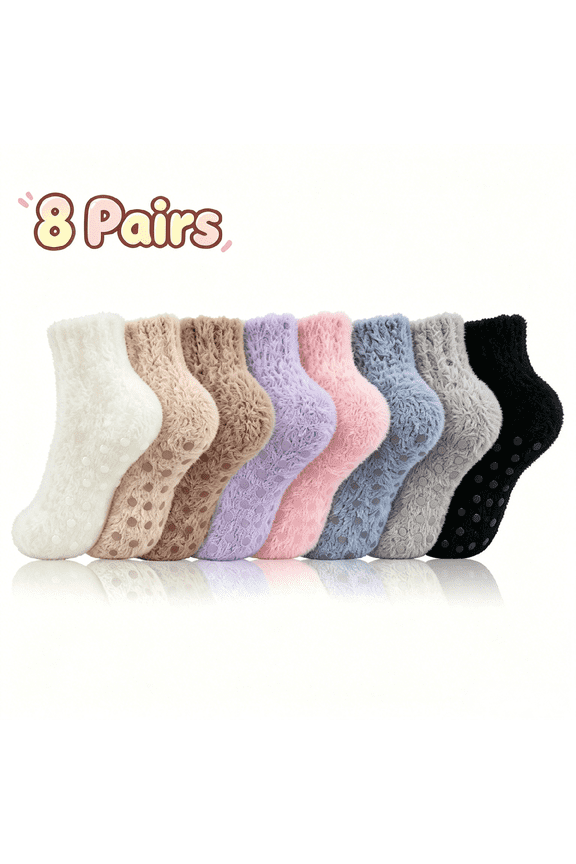 8 Packs Womens Ankle Fuzzy Crew Socks Non Slip Warm Cozy Winter Slipper Socks Gift Size 5-9