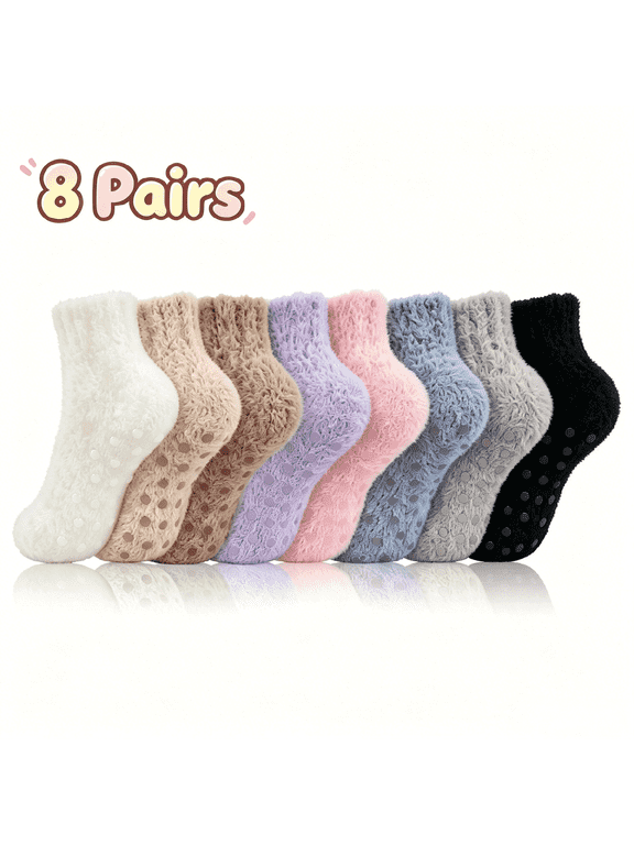 8 Packs Womens Ankle Fuzzy Crew Socks Non Slip Warm Cozy Winter Slipper Socks Gift Size 5-9