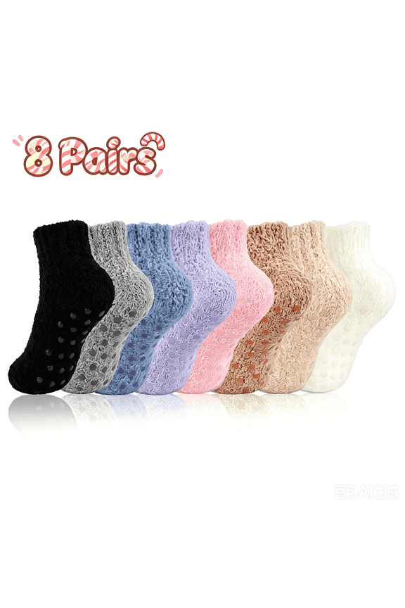 8 Packs Womens Ankle Fuzzy Crew Socks Non Slip Warm Cozy Winter Slipper Socks Gift Size 5-9