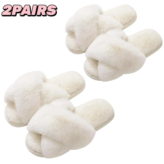 TRANSLINK 2Pairs Womens Slipper with Cross Band Memory Foam Fluffy Soft Warm Slip On House Slippers for Indoor Outdoor