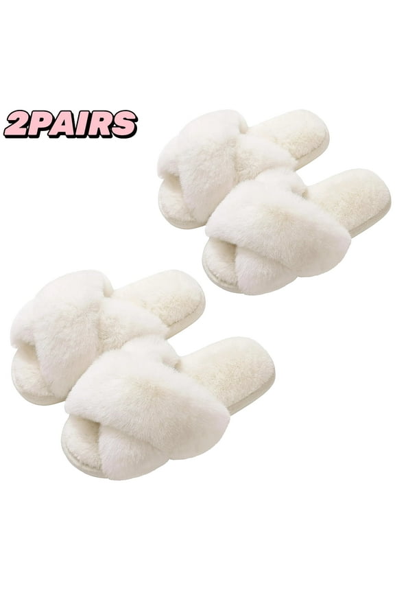 2Pairs Womens Slipper with Cross Band Memory Foam Fluffy Soft Warm Slip On House Slippers for Indoor Outdoor
