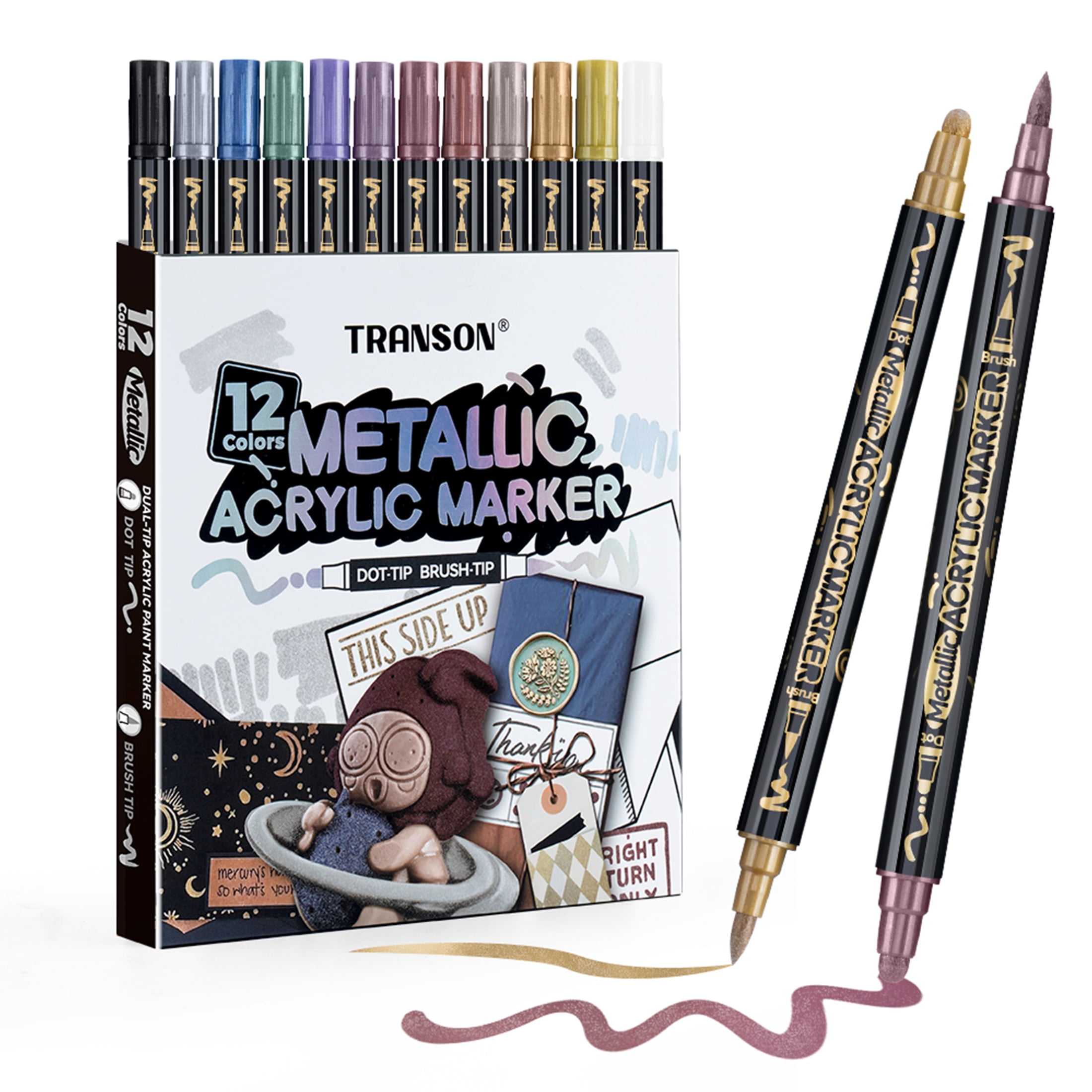 Tim Transon TRANSON 12Colors Metallic Paint Markers Bold and Brush Dual-tip for ...