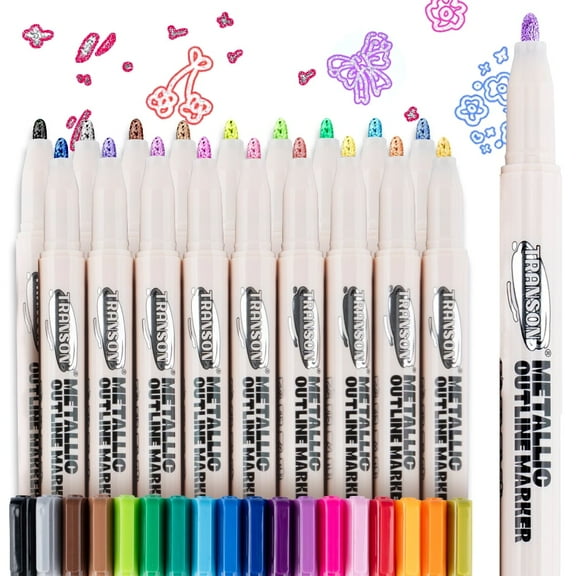 TRANSON 18pcs Outline Shimmering Markers with Metallic for Fun Art Drawing Craft DIY