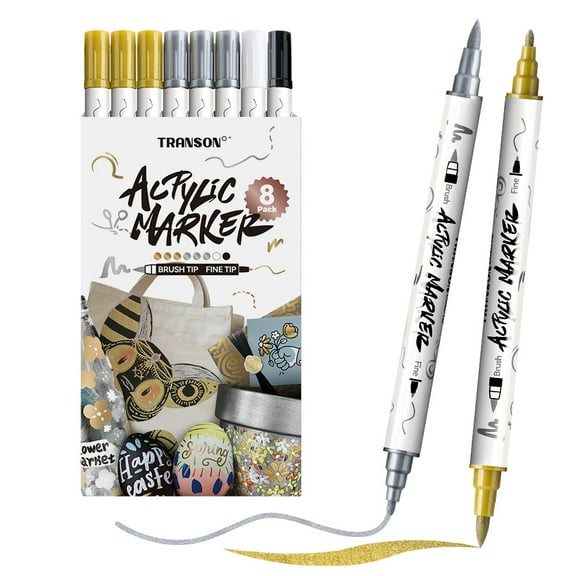 TRANSON 3 Gold, 3 Silver, 1 Black and 1 White Paint Markers Brush and Fine Dual-tip Acrylic Paint Marker Set for Rock Painting Glass Canvas Wood Leather Ceramic Painting
