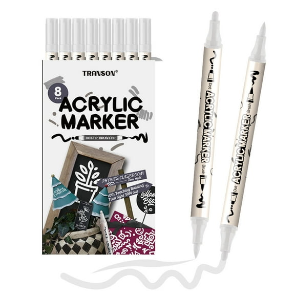 TRANSON 8 Pack White Brush and Bold Dual-tip Acrylic Paint Pen for DIY Glass Canvas Wood Leather Ceramic Rock Painting