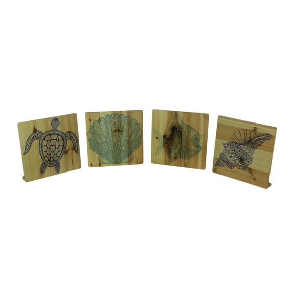 TRANSPAC Wood Turtle Fish and Shell 9 inch Square Blocks (Set of 4)