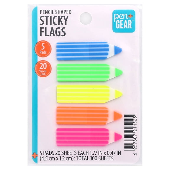 Pen+Gear Multicolor Transparent Sticky Note Flags, Pencil-Shaped, 1.77 x 0.47 Inches, 5 Pads