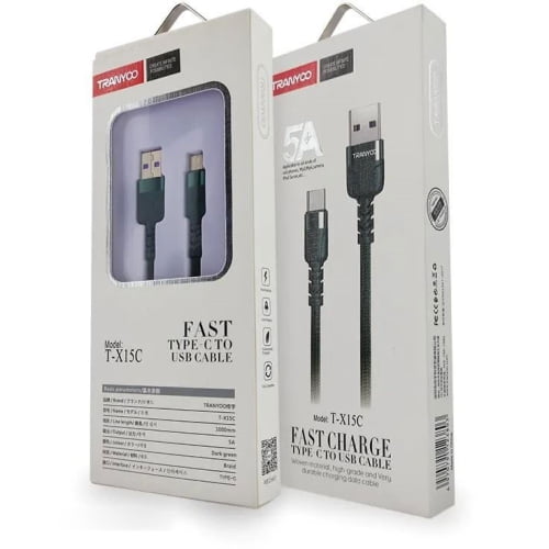 TRANYOO (TX-15C) 1M 5A USB Type C Cable Fast Charging Charger Data Sync Cable Cord - Black