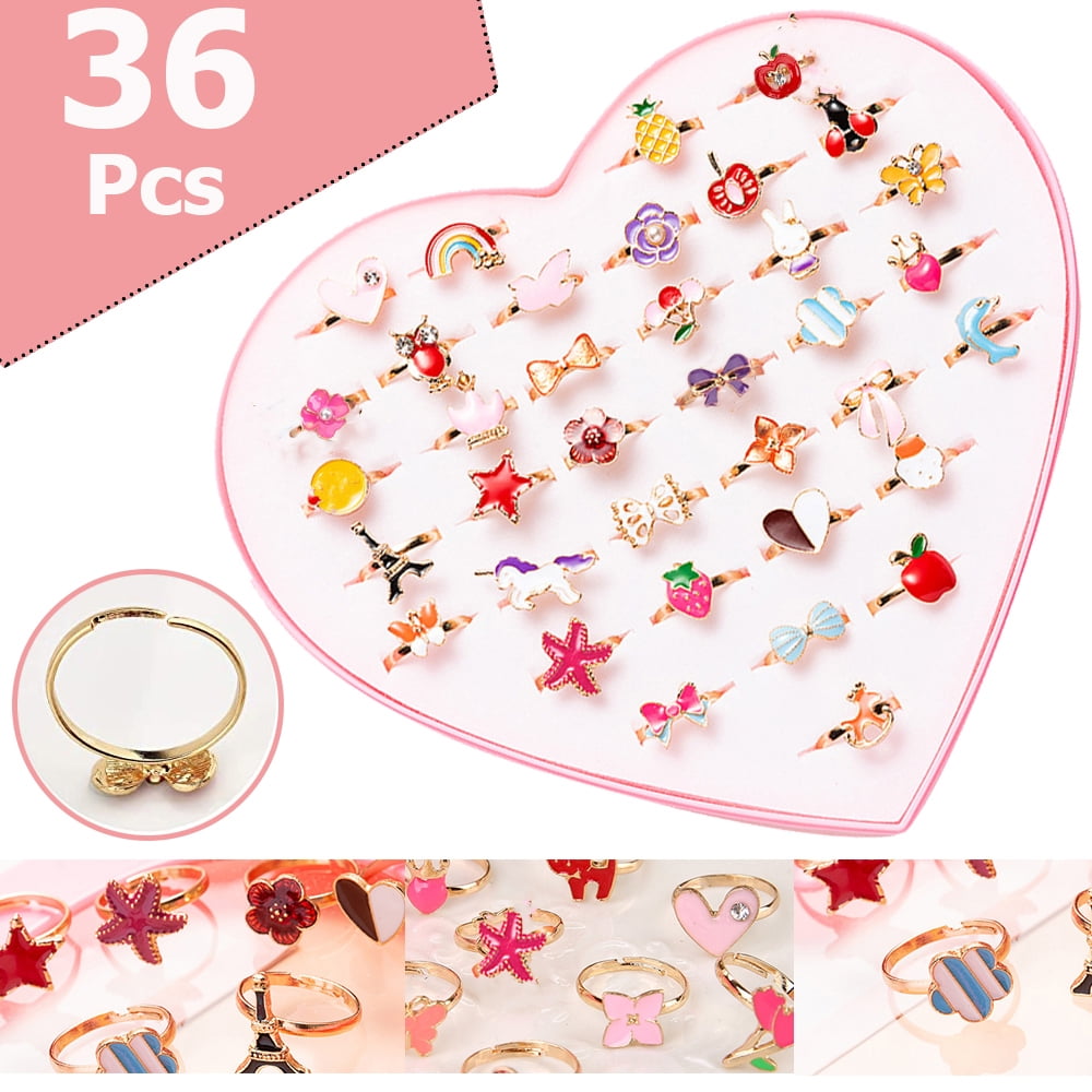 TRARIND 36pcs Little Girl Adjustable Rings in Box, Girl Pretend Play ...