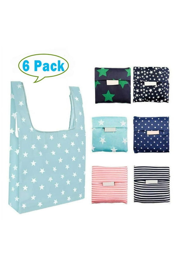 6 Pack Reusable Grocery Bags Grocery Tote Folded into Attached Pouch, Ripstop Polyester Shopping Bags, Washable, Durable and Lightweight