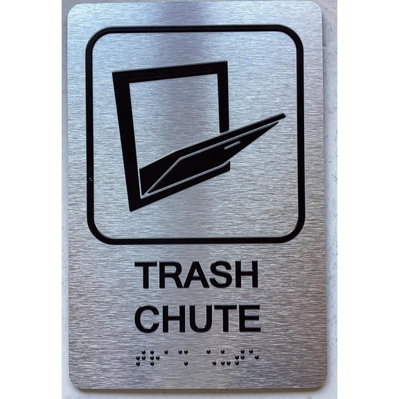 TRASH CHUTE SIGN WITH RAISED LETTERS/IMAGE & GRADE 2 BRAILLE - INCLUDES RED ADHESIVE PAD FOR EASY INSTALLATION (6" W X 9" H,BRUSHED ALUMINUM/SILVER, TACTICLE SIGN) - THE PARK AVE LINE