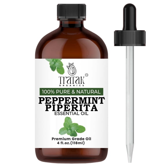 TRATAK ORGANICS Peppermint Essential Oil 4 Fl oz - 100% Pure and Natural Peppermint Piperita Oil for Pests, Aromatherapy and Diffusers with Premium Glass Dropper