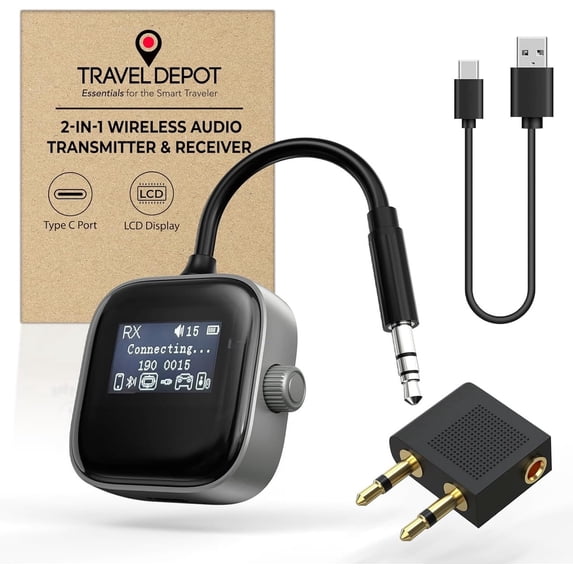 TRAVEL DEPOT Airplane Bluetooth Transmitter Receiver for 2 Compatible w/AirPods Wireless Headphones, HD Display Low Latency 3.5mm AUX Jack 5.3 Bluetooth Audio Adapter for TV, Flying, Car, Gym, Stereo
