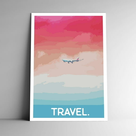 TRAVEL. Minimalist Vintage Travel Poster / Postcard WPA Style Retro Art Print Airplane