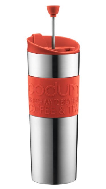 Bodum Stainless Steel Double Wall Travel French Press Mug, 15oz, with Silicone Sleeve, Red