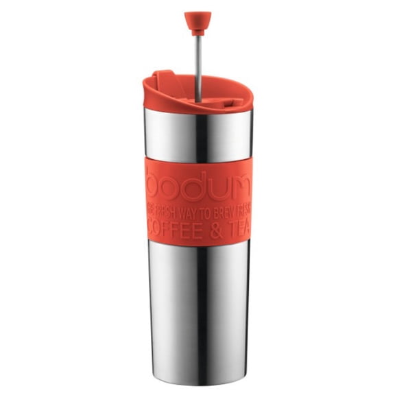 Bodum Stainless Steel Double Wall Travel French Press Mug, 15oz, with Silicone Sleeve, Red