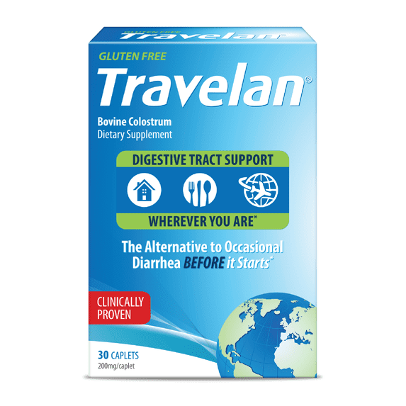 TRAVELAN Anti Diarrhea Travel Medicine for Gas Relief, Bloating, Cramping and Digestive Support, Natural Colostrum Dietary and Immune Support Supplement, Blister Pack for Travel, 30 Pills