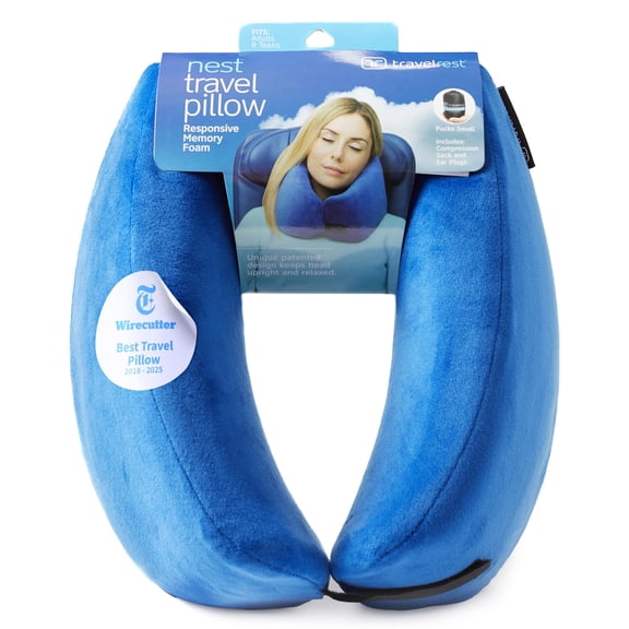 TRAVELREST Nest Neck Support Pillow - Travel Essentials, Memory Foam, Compact Travel Pillow for Long Flights, Plane Sleeping Accessories, Comfortable, Compact, Washable, Attaches to Luggage - Blue