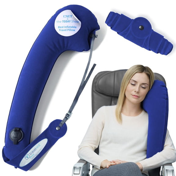 TRAVELREST Ultimate Travel Pillow & Body Pillow - Headrest, Auto, Bus, Train, Office Napping, Camping, Wheelchairs, Comfort and Support, Rolls Up, Straps to Airplane Seat & Car - Blue