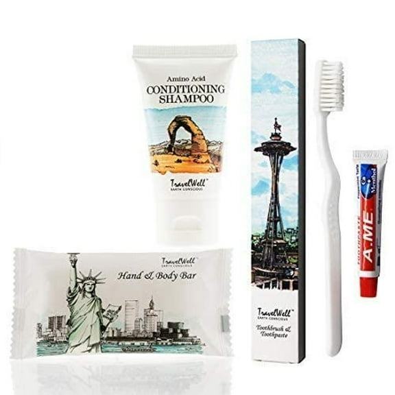TRAVELWELL Landscape Series Travel Size Mini Soap Bars 1.0oz/28g, Shampoo & Conditioner 2 in 1, Tooth Cleaners ,20 each Individually Wrapped | Travel Size Toiletries | Hotel Toiletries Bulk Set