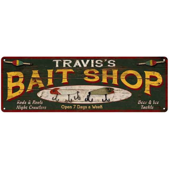 TRAVIS'S Bait Shop Sign Wood Look Man Cave Den Gift 6x18 Metal 206180024122