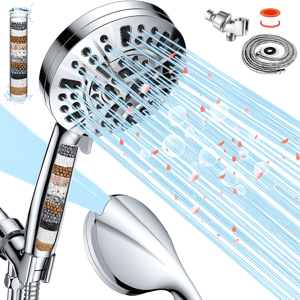 TRBCREATION High Pressure Handheld Shower Head with Filter, 10 Spray Modes,  Detachable Showerhead Set with Adjustable Bracket & Built-in Power Jet Modes for Bath, Tub, Tile & Pets