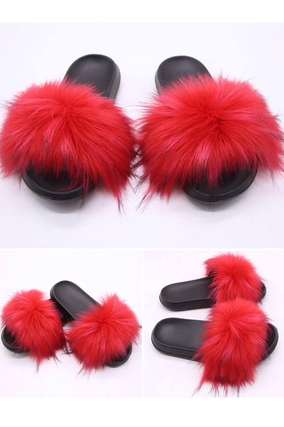 Women Summer Solid Faux Fur Slides Slippers Fluffy Furry Sandals Outdoor Luxurious Fashionable Shoes