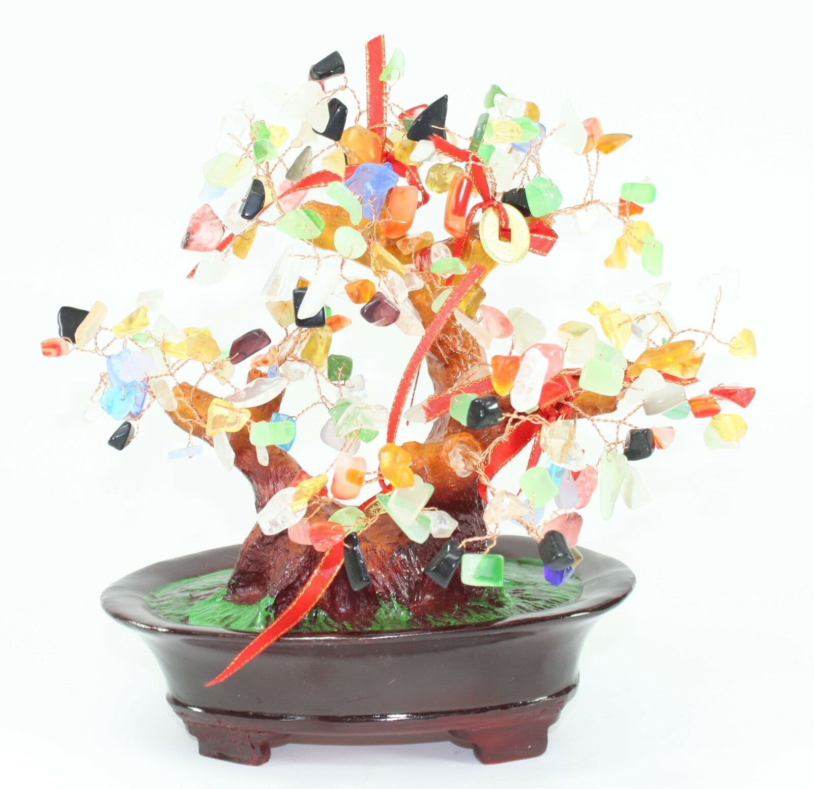 TRE003 8.5" Feng Shui Decor Colorful Gem Stone Money Tree Lucky Coins to Attract Wealth
