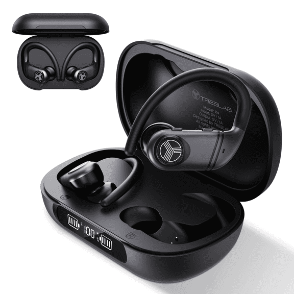 TREBLAB X4 Wireless Earbuds with Earhooks 253H Battery, ENC Mic, Bluetooth 5.4, USB-C Charging Case, IPX5 Waterproof, Noise Isolating, for Running, Calls, Workouts Bluetooth Over Ear Earbuds