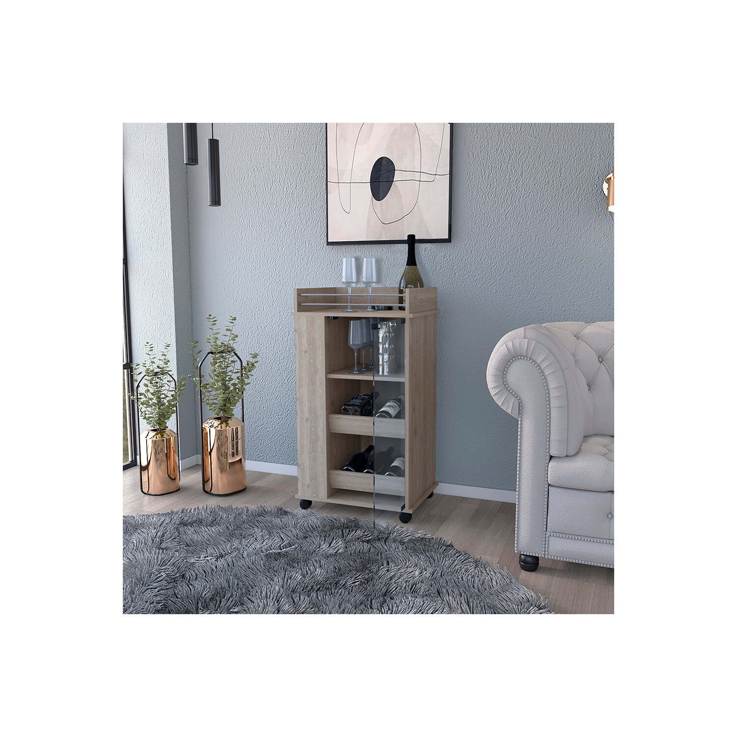Modern Light Gray Rectangular Bar Cart with Glass Door and Storage