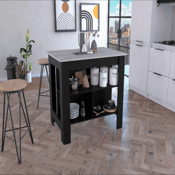 We Have Furniture Kitchen Island Dozza, Kitchen, Black / Ibiza Marble Color Finish