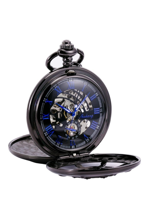 TREEWETO Mechanical Pocket Watch Antique Ladder Case Skeleton Roman Numerals Black Double Hunter With Chain