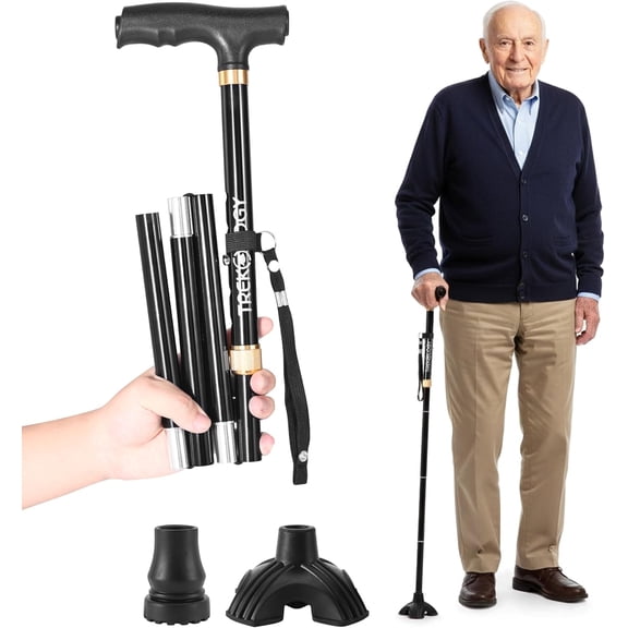 TREKOLOGY Foldable Walking Cane for Seniors, Adjustable Folding Stick with Self-Standing Quad Base