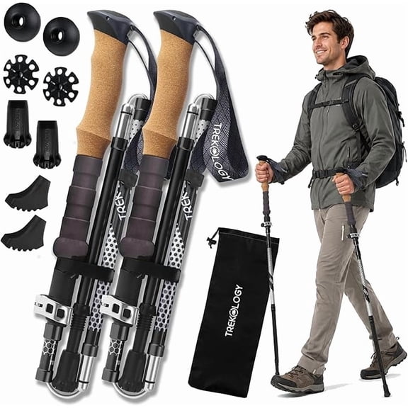 TREKOLOGY Trek-Z Folding Trekking Poles (Pair), Collapsible Hiking Sticks with Cork Grip, 100-120cm (Black)