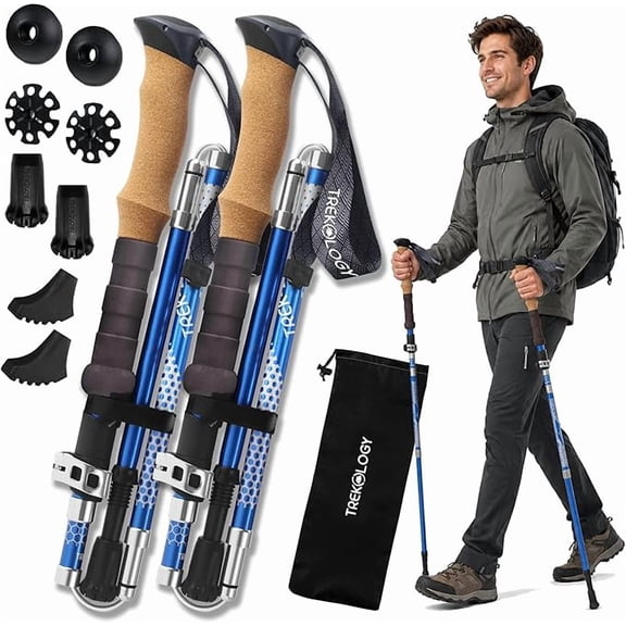 TREKOLOGY Trek-Z Folding Trekking Poles (Pair), Collapsible Hiking Sticks with Cork Grip, 100-120cm (Blue)