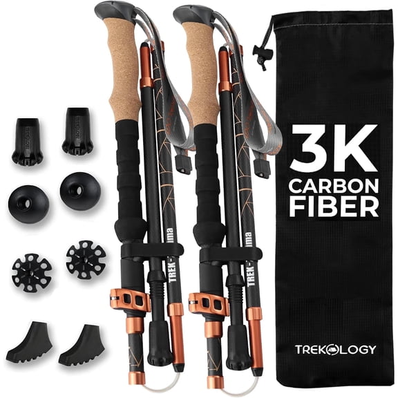 TREKOLOGY Trek-Z Prima Ultralight 3K Carbon Fiber Folding Trekking Poles (Pair) with Natural Cork Grip, 100-120cm (Orange)
