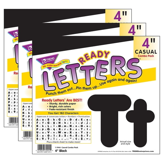 TREND Black 4-Inch Casual Uppercase/Lowercase Combo Ready Letters, 549 Pieces